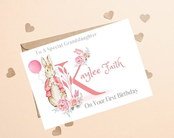 Personalised Initial Birthday Card A-Z -  Bunny Rabbit Birthday Card, A Special Granddaughter 1st Birthday, Granddaughter 1st Birthday Card