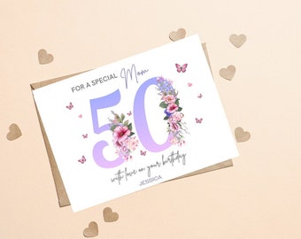 Happy 50th Birthday Card Mom, 50th Card Mom, 50th Birthday Card For Wife, Personalised 50th Birthday Card For Friend, Sister, Fifty Birthday