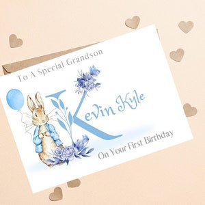 Carte d'anniversaire initiale personnalisée A-Z, lapin d'anniversaire, un petit-fils spécial 1er anniversaire, petit-fils 1er anniversaire carte, petit-fils Bday