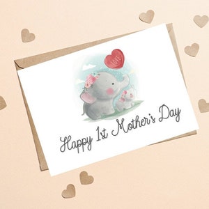 Cartão de Feliz Primeiro Dia das Mães, 1º Dia das Mães, Cartão de Dia das Mães Elefante Fofo, Cartão da Mamãe, Cartão de Feliz 1º Dia das Mães, 1º Cartão de Mãe