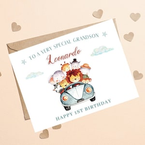À un petit-fils spécial 1er anniversaire, petit-fils 1ère carte d'anniversaire, première carte d'anniversaire pour petit-fils, mignon Safari Animal garçon 1ère carte d'anniversaire