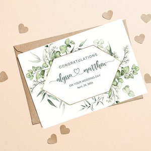Carte de jour de mariage de félicitations d'eucalyptus personnalisée, carte de jour de mariage minimaliste verte, carte de jour de mariage de couple, carte d'eucalyptus
