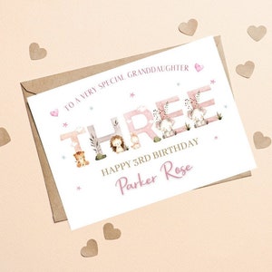 Petite-fille personnalisée 3ème carte d'anniversaire, à une petite-fille spéciale 3ème anniversaire, carte d'anniversaire petite-fille, carte d'anniversaire Woodland