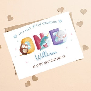 À un petit-fils spécial 1er anniversaire, carte de 1er anniversaire de petit-fils, carte de premier anniversaire pour petit-fils, carte d’anniversaire numéro un de Woodland petit-fils