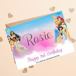 Carte d'anniversaire princesse personnalisée, petite-fille, fille, nièce, tout âge, carte d'anniversaire princesse, carte d'anniversaire princesse Disney pour fille