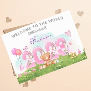 2023 Carte personnalisée New Baby Girl, Bienvenue dans le monde, Carte Nouveaux parents, Nouvelle carte de félicitations pour bébé, Nouveau cadeau bébé, Petite-fille