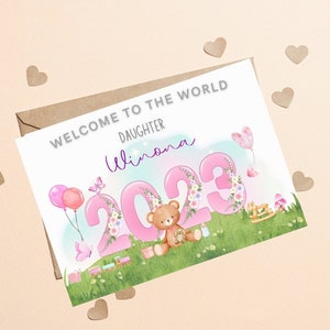Carte personnalisée de nouveau bébé fille, bienvenue dans le monde, carte de nouveaux parents, carte de félicitations pour nouveau bébé, nouveau cadeau de bébé, carte de nouveau bébé fille
