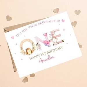 Petite-fille personnalisée 1ère carte d'anniversaire, à une petite-fille spéciale 1er anniversaire, petite-fille 1ère carte d'anniversaire, anniversaire Woodland