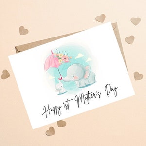 Cartão de Feliz Primeiro Dia das Mães, 1º Dia das Mães, Cartão de Dia das Mães Elefante Fofo, Cartão da Mamãe, Cartão de Feliz 1º Dia das Mães, 1º Cartão de Mãe