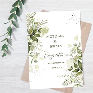 Carte personnalisée pour le jour du mariage, carte de félicitations pour le jour du mariage, carte du jour du mariage, carte de félicitations pour le mariage, carte du jour du mariage floral vert