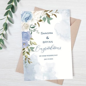 Carte de mariage personnalisée, carte de félicitations pour le jour du mariage, carte de mariage, carte de félicitations de mariage, carte de mariage floral bleu