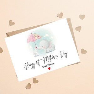 Cartão de Feliz Primeiro Dia das Mães, 1º Dia das Mães, Cartão de Dia das Mães Elefante Fofo, Cartão da Mamãe, Cartão de Feliz 1º Dia das Mães, 1º Cartão de Mãe