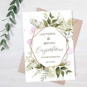 Carte personnalisée pour le jour du mariage, carte de félicitations pour le jour du mariage, carte du jour du mariage, carte de félicitations pour le mariage, carte du jour du mariage floral vert