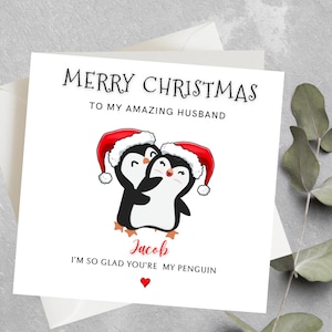 Carte d'anniversaire personnalisée de Noël pingouin pour petit ami, petite amie, mari, femme, partenaire, carte de Noël romantique pour couple, mari