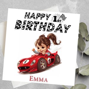 Carte d'anniversaire personnalisée de voiture de course, 1er anniversaire de fille, carte de premier anniversaire de voiture de course de petite-fille, carte d'anniversaire de course, voiture de course