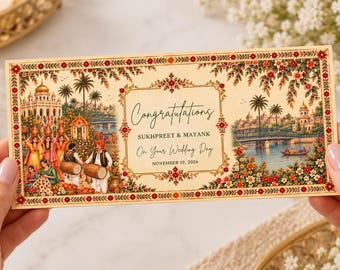 May include: A rectangular wedding invitation card featuring a cream background with a decorative floral border. The text reads: Congratulations, SUKHPREET & MAYANK, On Your Wedding Day, NOVEMBER 19, 2026. Illustrations depict a festive scene with people, drums, and a river landscape.