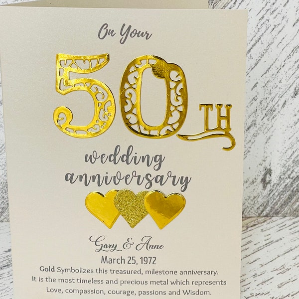 carte d’anniversaire de mariage en or, carte du 50e anniversaire de mariage, carte personnalisée du 50e anniversaire de mariage en or pour femme/mari