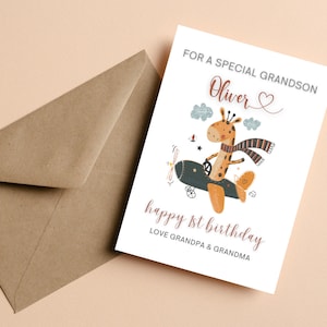 Carte personnalisée de 1er anniversaire d'avion, carte de joyeux 1er anniversaire de pilote de girafe mignonne, pour le 1er anniversaire d'un petit-fils spécial, cadeau de 1er anniversaire