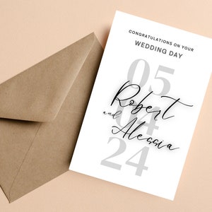 Carte de mariage personnalisée de félicitations pour un ami, carte de jour de mariage minimaliste, carte de jour de mariage de couple personnalisée avec des noms