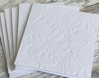 Embossed White Floral NoteCards (set of 5), Embossed Note Cards All Occasions, Embossed Notecards Blank Inside, Floral Embossed blank card