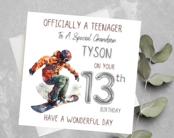 Gepersonaliseerde 13e verjaardagskaart voor jongens, officieel een tienerkaart voor kleinzoon, peetzoon, zoon, neef, tiener snowboarden verjaardagskaart