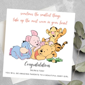 Carte personnalisée de baby shower de Winnie l'ourson, carte sentimentale de Winnie l'ourson, carte de bienvenue d'un nouveau bébé, citation de Winnie l'ourson