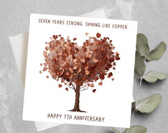 Tarjeta personalizada de aniversario de bodas de cobre, tarjeta para el séptimo aniversario de bodas, regalo de aniversario de cobre, tarjeta para siete años juntos para pareja