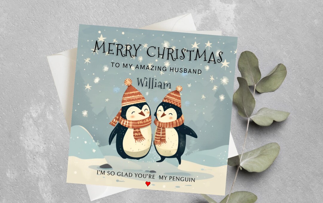 Personalised Penguin Christmas Birthday Card Husband, Boyfriend, Wife ...