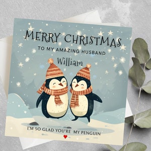 Carte d’anniversaire de Noël pingouin personnalisée Mari, petit ami, femme, partenaire, carte de Noël romantique pour couple, carte de Noël mari