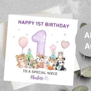 Carte d'anniversaire personnalisée pour nièce 1er et 2e anniversaire, 1er anniversaire de nièce spécial nièce, carte de premier anniversaire nièce, carte d'anniversaire nièce animal