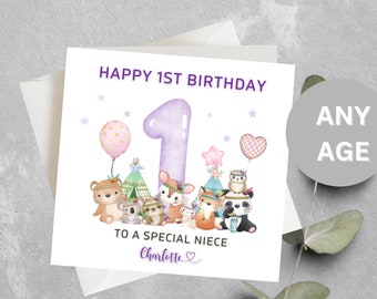 May include: A purple and white birthday card with a purple number one and a group of woodland animals. The card says "Happy 1st Birthday to a special niece Charlotte".