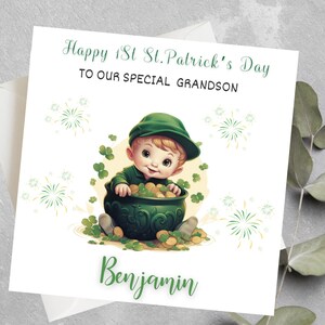 Tarjeta personalizada del primer día de San Patricio para nieto, primer día de San Patricio para hijo, feliz primer ahijado de San Patricio, día de San Patricio para nieto