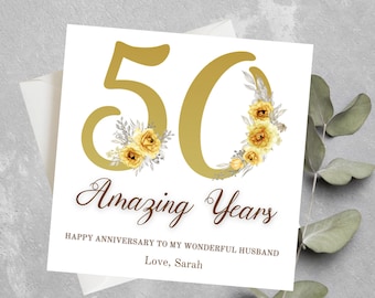 Personalised Golden Wedding Anniversary Card For Husband, Wife, Parents, Happy 50th Wedding Anniversary Card, Husband, Wife 50th Anniversary