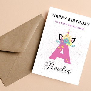 Carte d'anniversaire personnalisée licorne nièce, carte d'anniversaire licorne personnalisée pour nièce, jolie carte d'anniversaire, carte de joyeux anniversaire pour nièce,