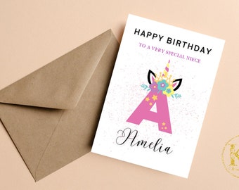 Tarjeta de cumpleaños personalizada de unicornio para sobrina, tarjeta de cumpleaños de unicornio personalizada para sobrina, linda tarjeta de cumpleaños, tarjeta de feliz cumpleaños para sobrina,