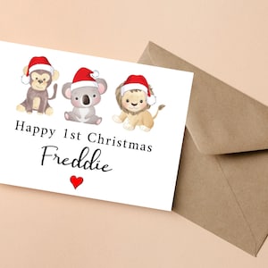 Happy 1st Christmas Card, Personalisierte Weihnachtskarte für Jungen, Erste Weihnachtskarte mit süßem Safari Tier, Baby 1. Weihnachtskarte