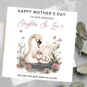 Tarjeta personalizada para el primer día de la madre para nuera, tarjeta para el día de la madre para nuera, tarjeta para el día de la madre con forma de cisne, regalo para el primer día de la madre.