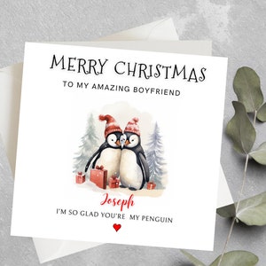 Carte d'anniversaire personnalisée de Noël pingouin pour petit ami, petite amie, mari, femme, partenaire, carte de Noël romantique pour couple, mari