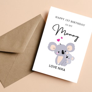 Feliz 1º aniversário como meu cartão de mamãe, cartão de aniversário de coala para a mãe, cartão de 1º primeiro aniversário para a mamãe, cartão de aniversário fofo, para o aniversário da mãe