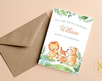 À un petit-fils spécial 1er anniversaire, petit-fils 1ère carte d'anniversaire, première carte d'anniversaire pour petit-fils, mignon Safari Animal garçon 1ère carte d'anniversaire
