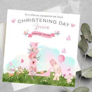 Carte de baptême pour fille, petite-fille, filleule, petite fille, carte de baptême lapin, carte de baptême fille personnalisée, baptême fille