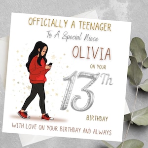 Tarjeta personalizada de 13.º cumpleaños para niñas. ¡Oficialmente una adolescente! Tarjeta para hija, nieta o sobrina.