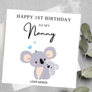 Cartão de primeiro aniversário personalizado para babá, babá, cartão de mamãe, cartão de aniversário coala para nanna, nonna, primeiro cartão de aniversário para vovó