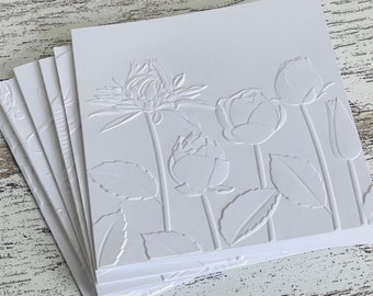 Embossed White Floral NoteCards (set of 6), Embossed Note Cards All Occasions, Embossed Notecards Blank Inside, Floral Embossed blank card