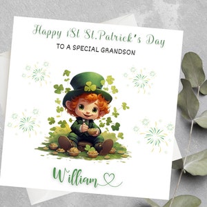 Tarjeta personalizada del primer día de San Patricio para nieto, primer día de San Patricio para hijo, feliz primer ahijado de San Patricio, día de San Patricio para nieto