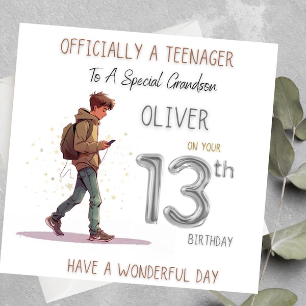 Personalised 13th Birthday Card For Boys, Officially A Teenager, Teenage Boys Card For Grandson, Nephew, 13th Birthday Card For Grandson