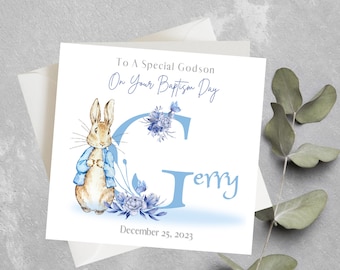 Baptism Card For Grandson, Godson, Little Boy, Baptism Bunny card, Personalised Grandson Baptism Card, Personalised Godson Baptism Card