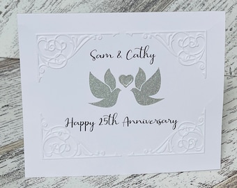 Silver wedding anniversary card, Embossed 25th wedding anniversary love bird card, Personalized Wedding Anniversary Card for any year