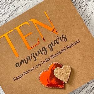 10 Ten Tin Year Anniversary card, 10 Years Anniversary Card, Personalized Anniversary Card for Husband, Wife, Copper Anniversary Card