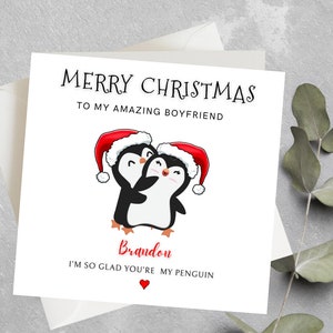 Carte d'anniversaire personnalisée de Noël pingouin pour petit ami, petite amie, mari, femme, partenaire, carte de Noël romantique pour couple, mari